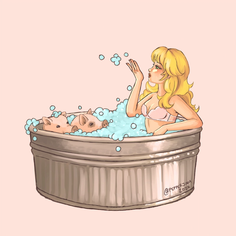 Ilustración de chica en una tina con cerditos